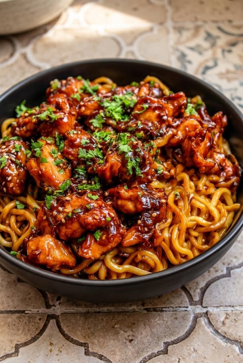 sticky garlic chicken noodles recipe - Sticky Garlic Chicken Noodles served in a white bowl overhead view