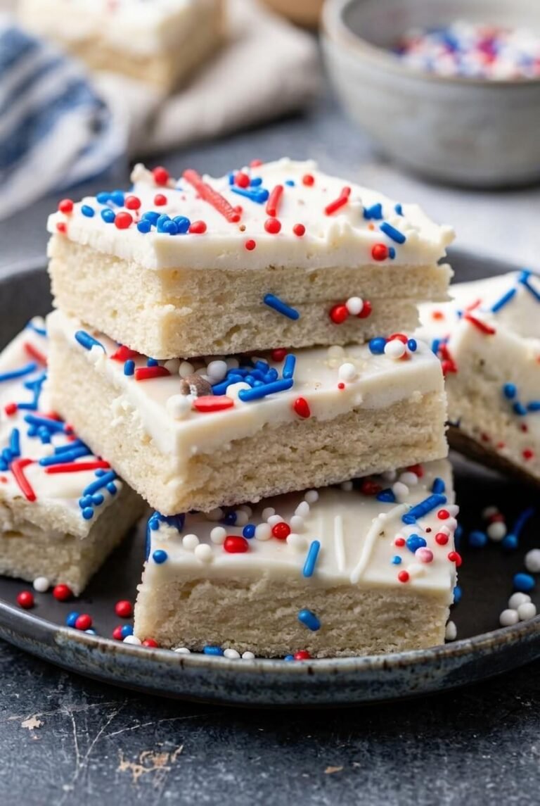 4th of july sugar cookie bars recipe - 4th of July Sugar Cookie Bars served in a white bowl overhead view
