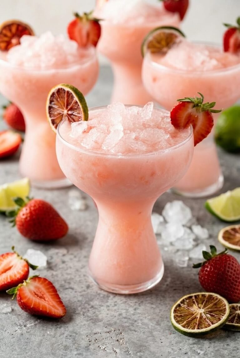 tropical strawberry coconut cooler recipe - Tropical Strawberry Coconut Cooler served in a white bowl overhead view