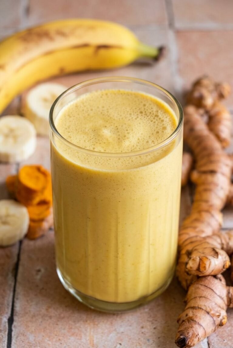 banana turmeric smoothie recipe - Banana Turmeric Smoothie served in a white bowl overhead view