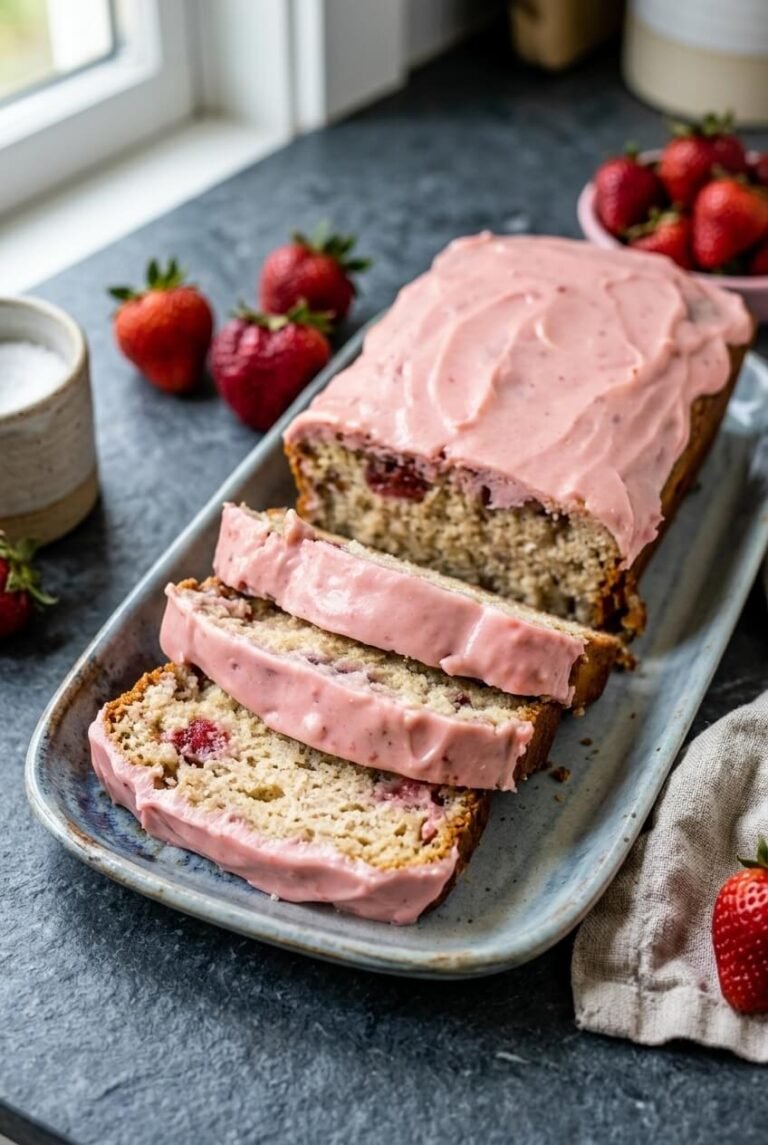 tender strawberry banana bread recipe - Tender Strawberry Banana Bread served in a white bowl overhead view