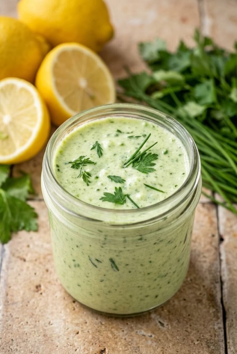 green goddess dressing recipe - Green Goddess Dressing Recipe served in a white bowl overhead view
