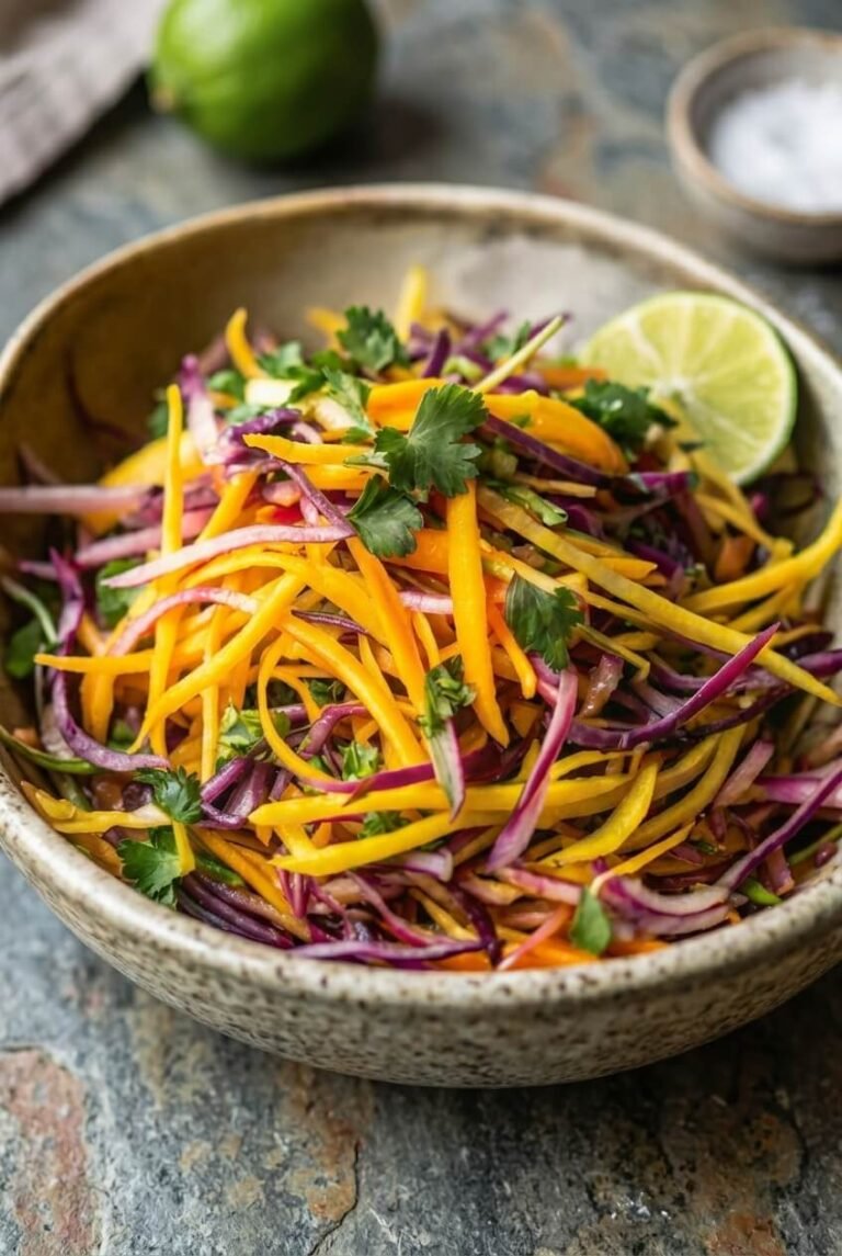 crisp & tropical fresh mango slaw recipe - Crisp & Tropical Fresh Mango Slaw served in a white bowl overhead view