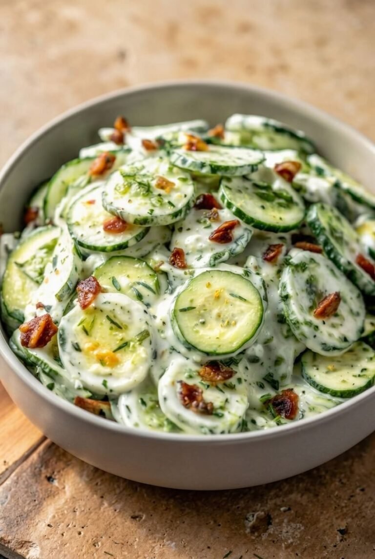 addictive cucumber ranch crack salad recipe - Addictive Cucumber Ranch Crack Salad served in a white bowl overhead view