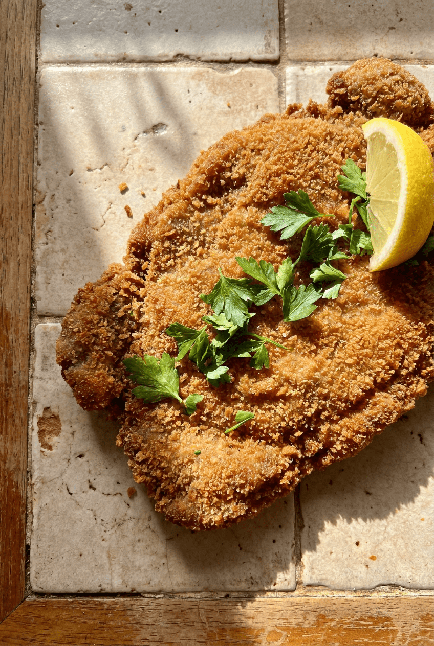 argentine beef milanesa recipe - Argentine Beef Milanesa served in a white bowl overhead view