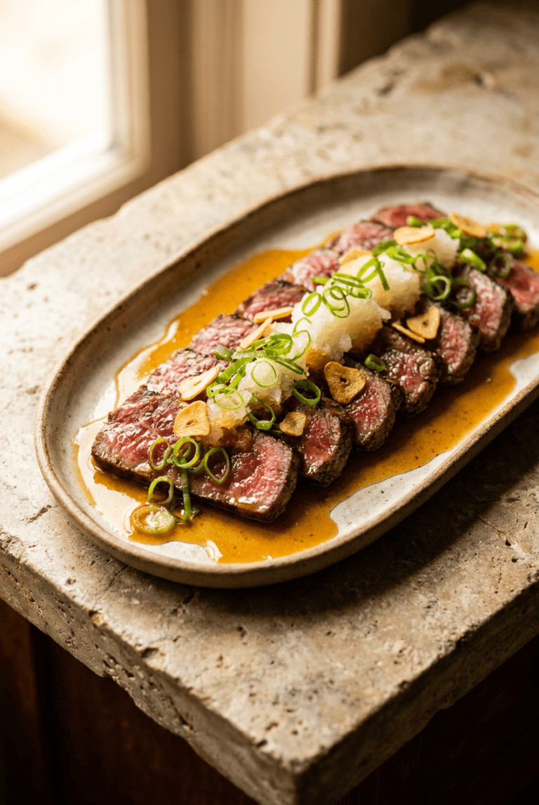 beef tataki with citrus ponzu recipe - Beef Tataki with Citrus Ponzu served in a white bowl overhead view