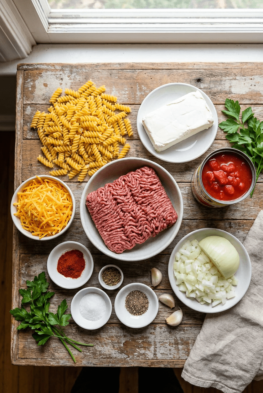 ingredients for Cheesy Ground Beef and Pasta Casserole