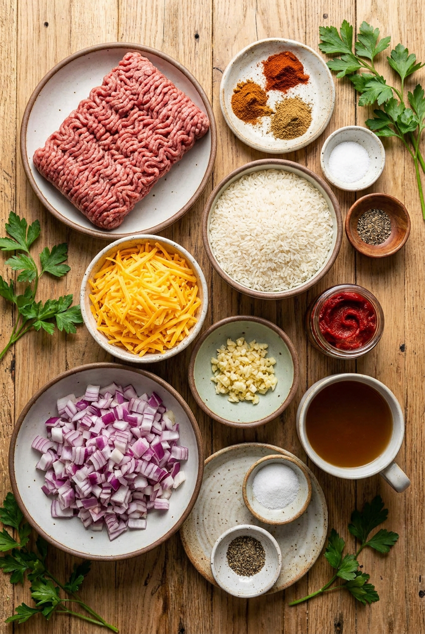 ingredients for Cheesy Ground Beef and Rice Skillet