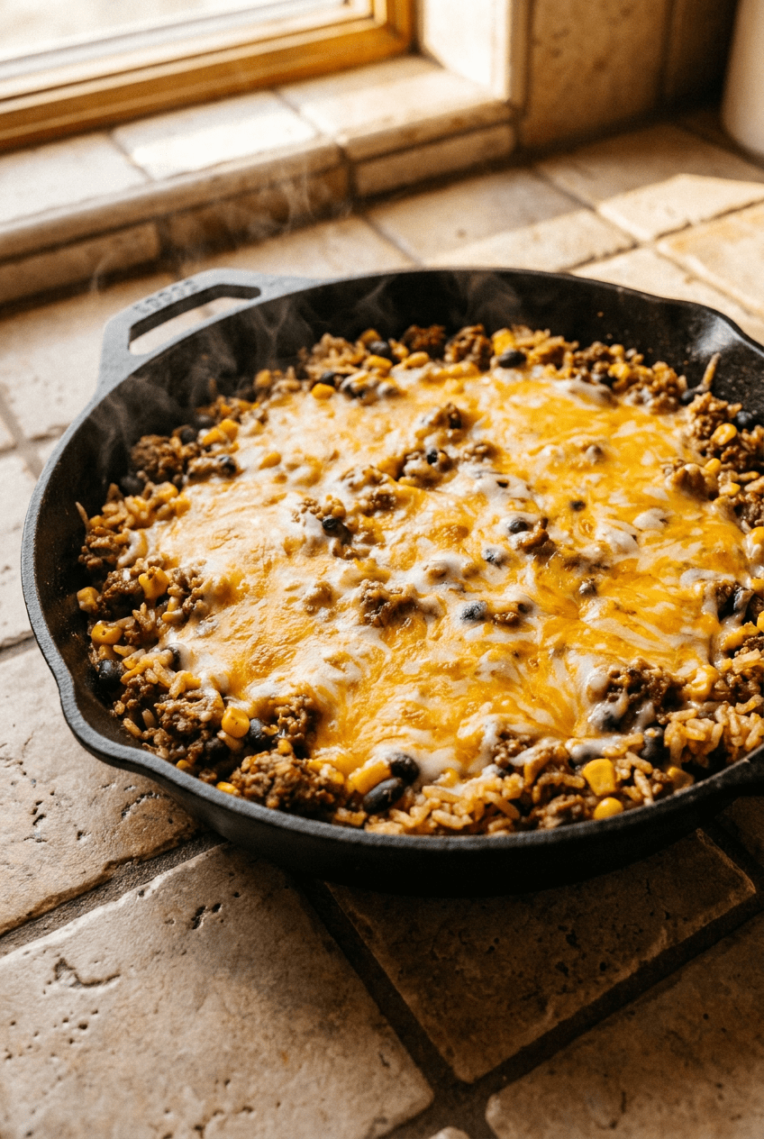 Cheesy Ground Beef and Rice Skillet