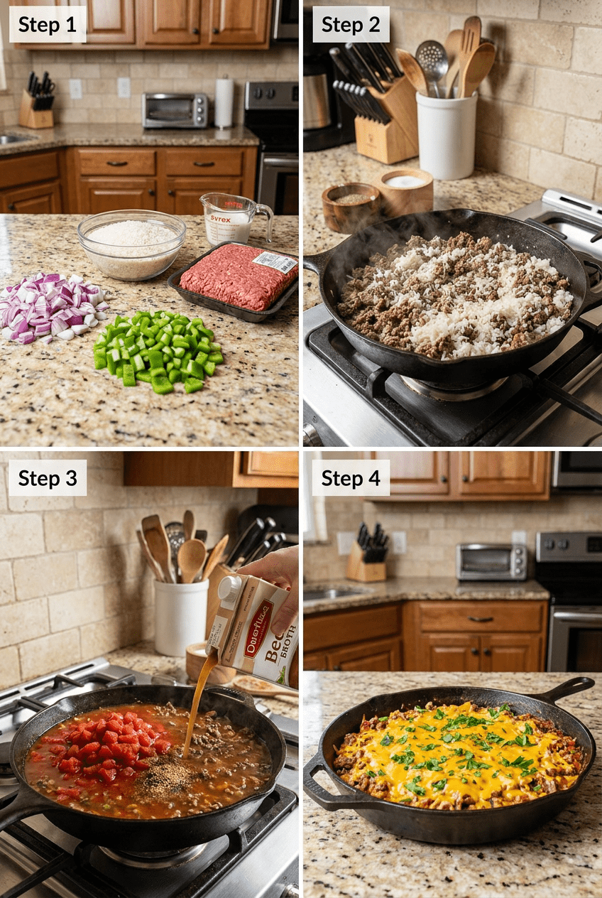how to make Cheesy Ground Beef and Rice Skillet step by step
