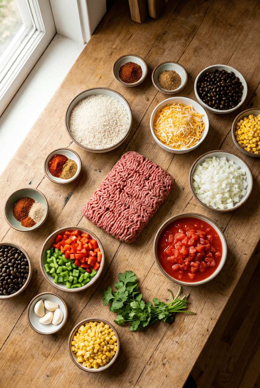 ingredients for Cheesy Mexican Beef and Rice Skillet