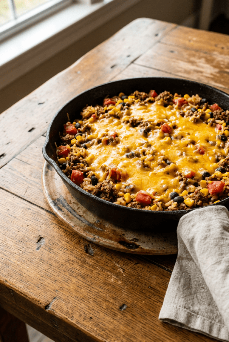 cheesy mexican beef and rice skillet recipe - Cheesy Mexican Beef and Rice Skillet served in a white bowl overhead view