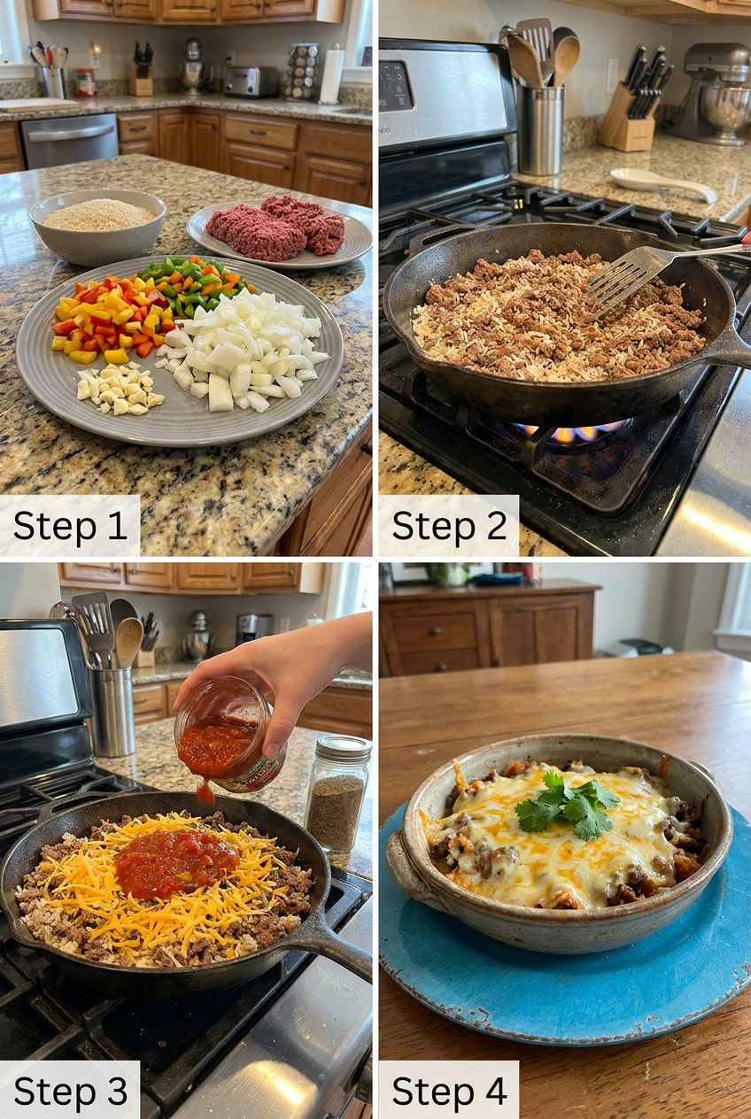 how to make Cheesy Mexican Beef and Rice Skillet step by step