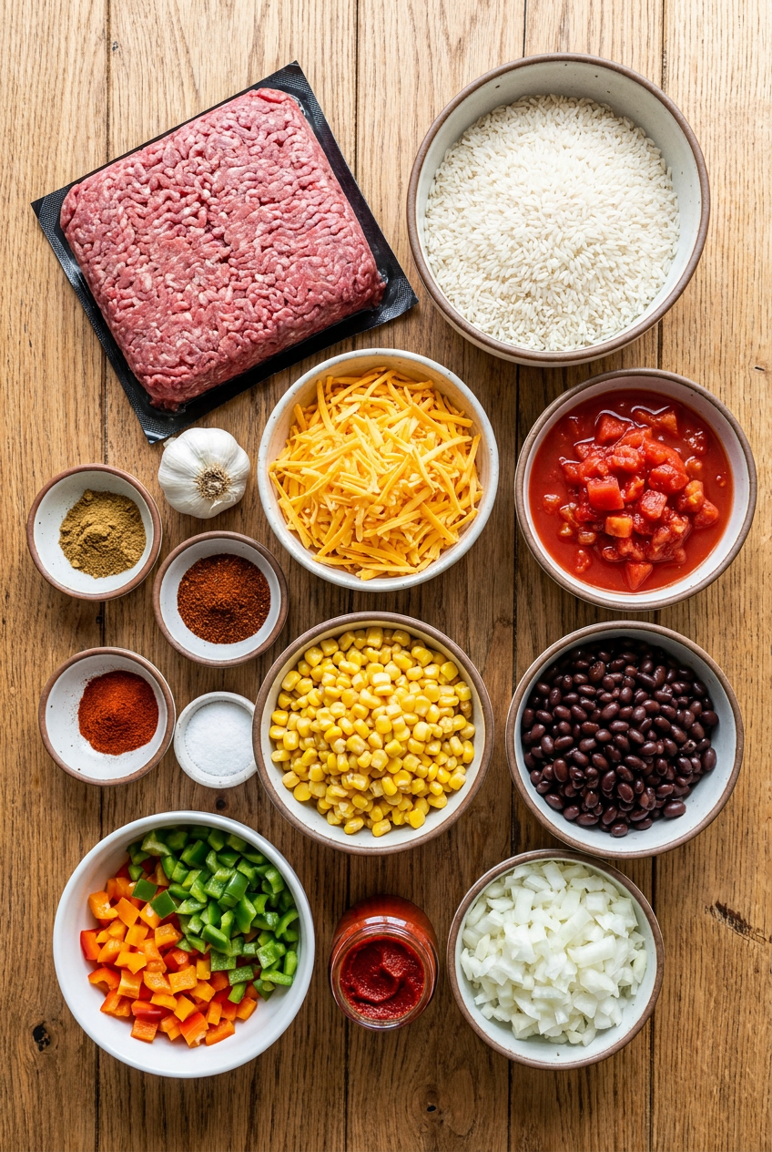 ingredients for Cheesy Mexican Ground Beef and Rice Skillet