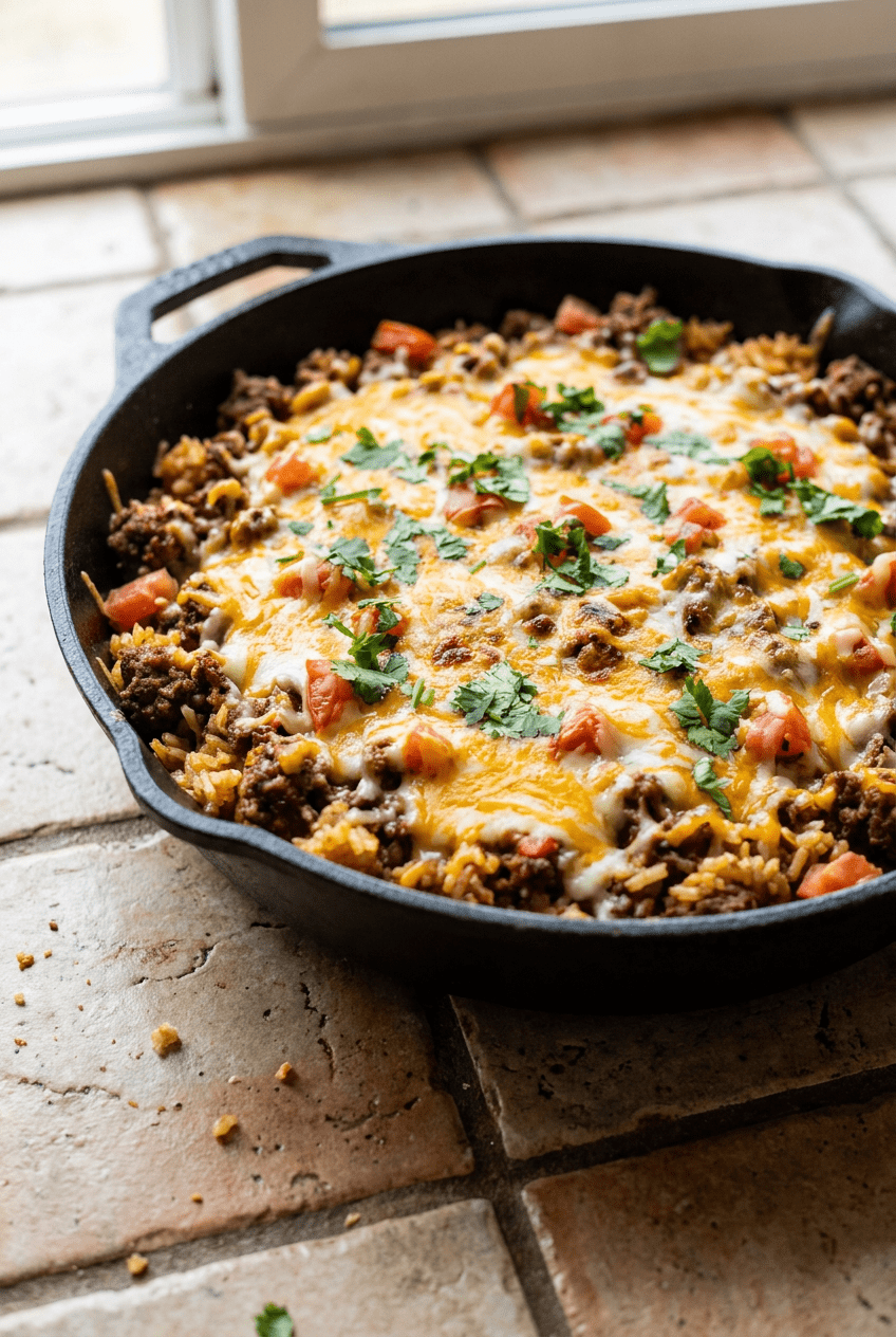 cheesy mexican ground beef and rice skillet recipe - Cheesy Mexican Ground Beef and Rice Skillet served in a white bowl overhead view