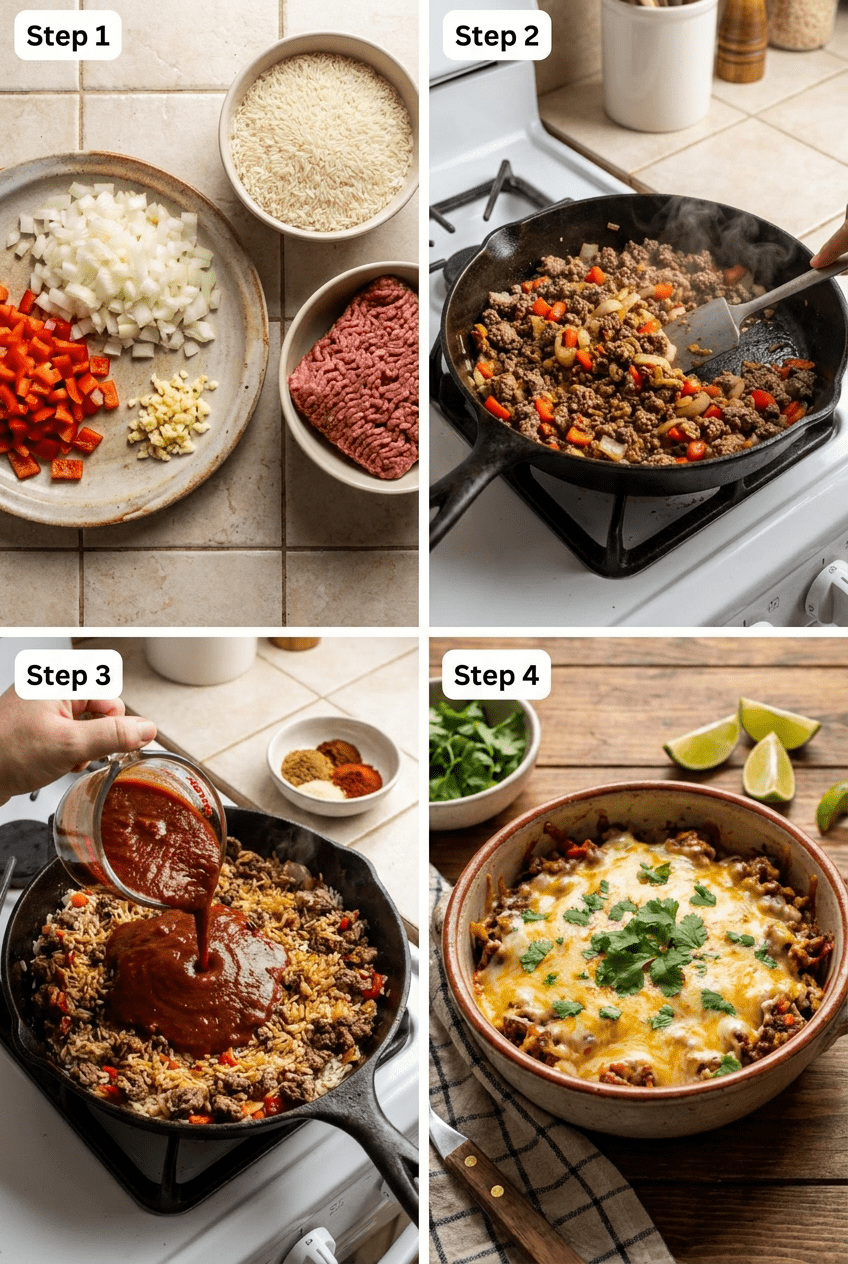 how to make Cheesy Mexican Ground Beef and Rice Skillet step by step
