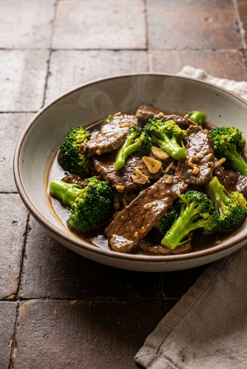 classic beef and broccoli stir fry recipe - Classic Beef and Broccoli Stir Fry served in a white bowl overhead view