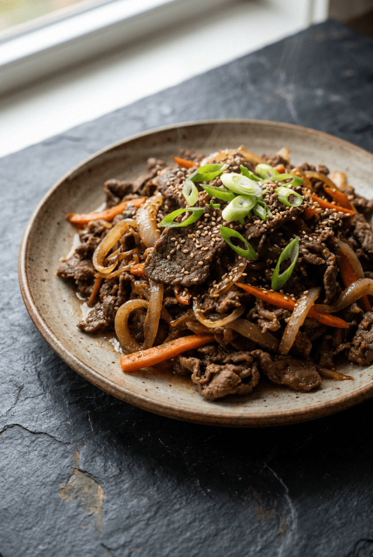 classic beef bulgogi (korean bbq beef) recipe - Classic Beef Bulgogi (Korean BBQ Beef) served in a white bowl overhead view