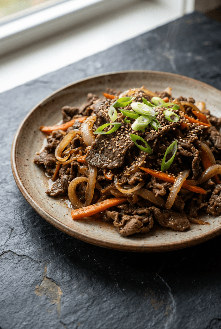 classic beef bulgogi (korean bbq beef) recipe - Classic Beef Bulgogi (Korean BBQ Beef) served in a white bowl overhead view