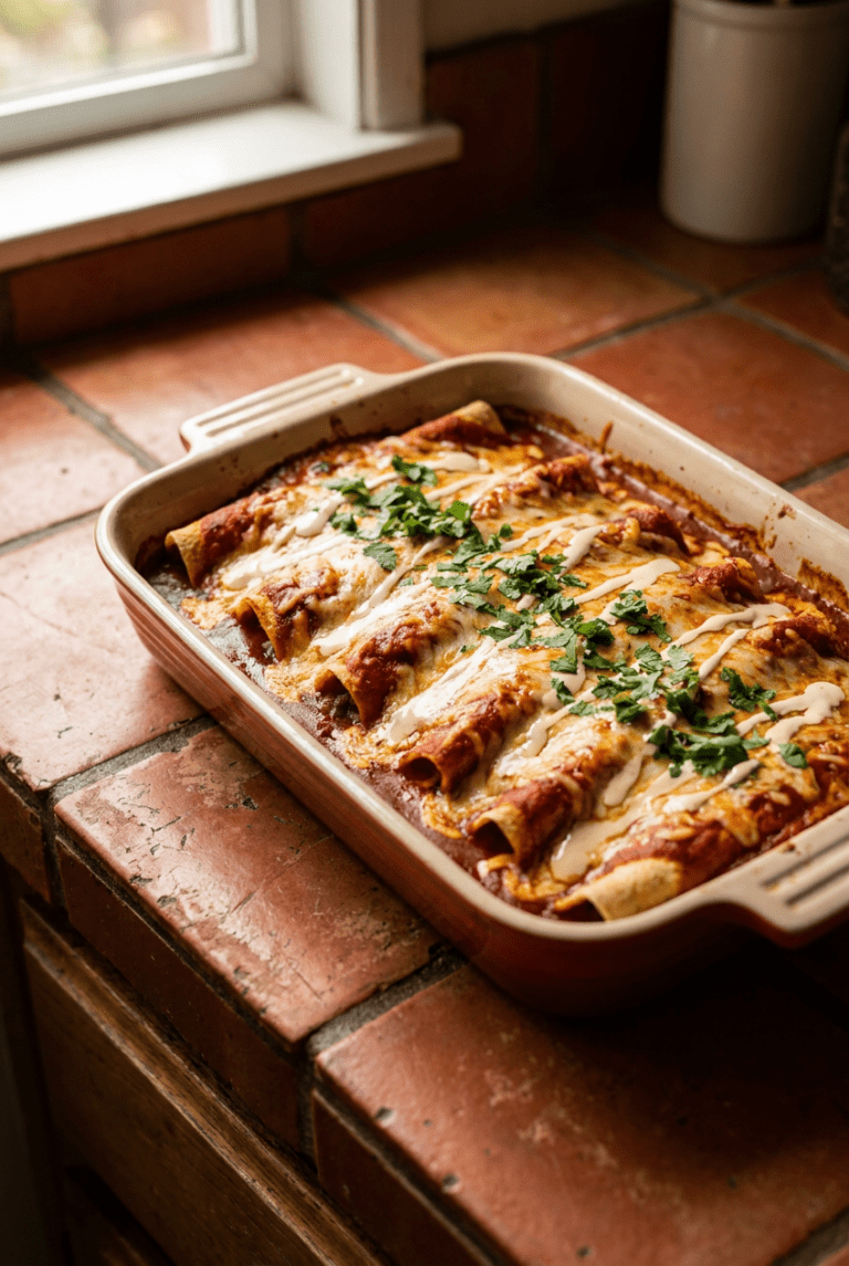 classic beef enchiladas with red sauce recipe - Classic Beef Enchiladas with Red Sauce served in a white bowl overhead view