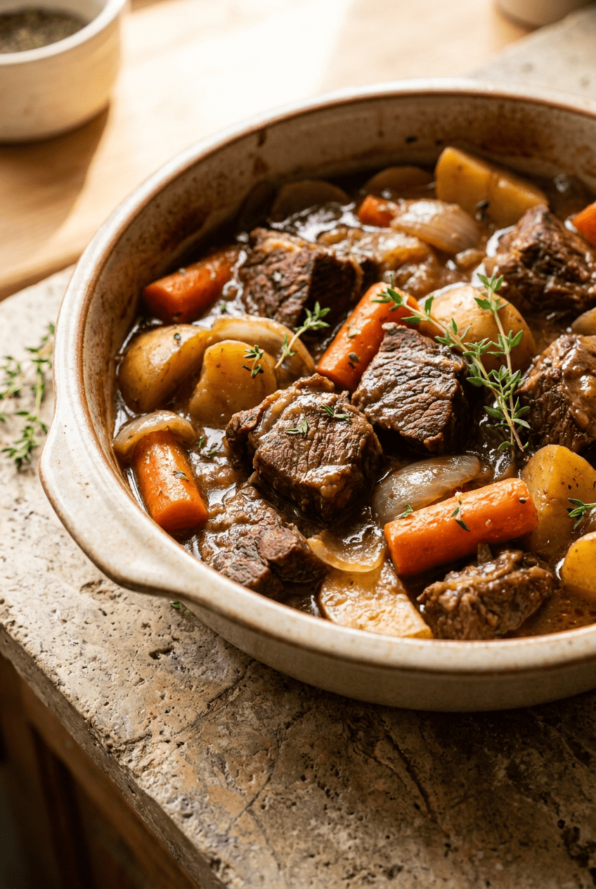 classic beef pot roast recipe - Classic Beef Pot Roast served in a white bowl overhead view