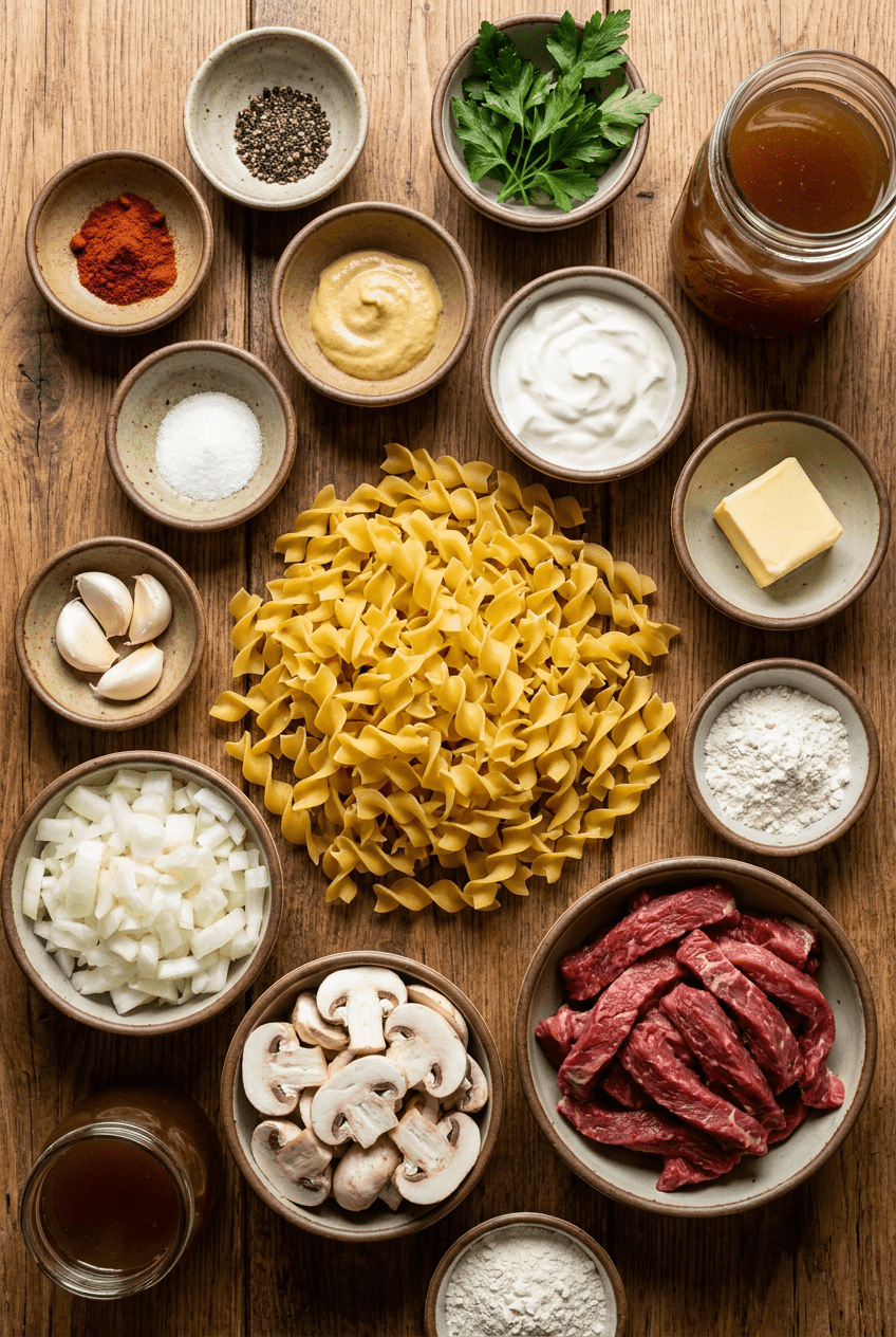 ingredients for Classic Beef Stroganoff with Buttered Egg Noodles