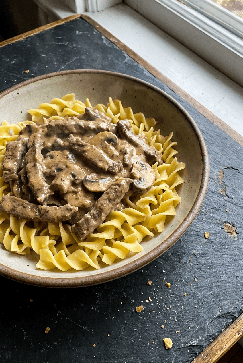 classic beef stroganoff with buttered egg noodles recipe - Classic Beef Stroganoff with Buttered Egg Noodles served in a white bowl overhead view