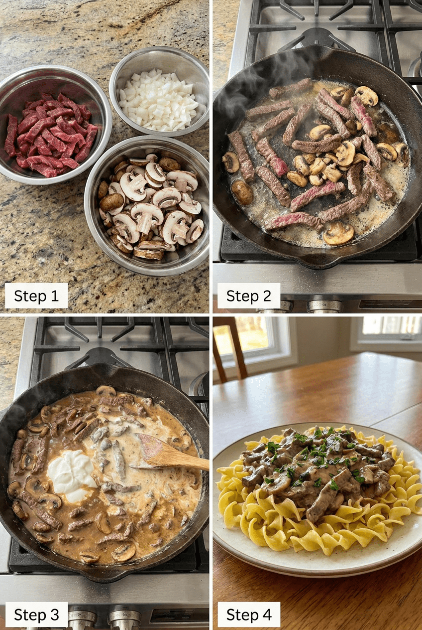 how to make Classic Beef Stroganoff with Buttered Egg Noodles step by step