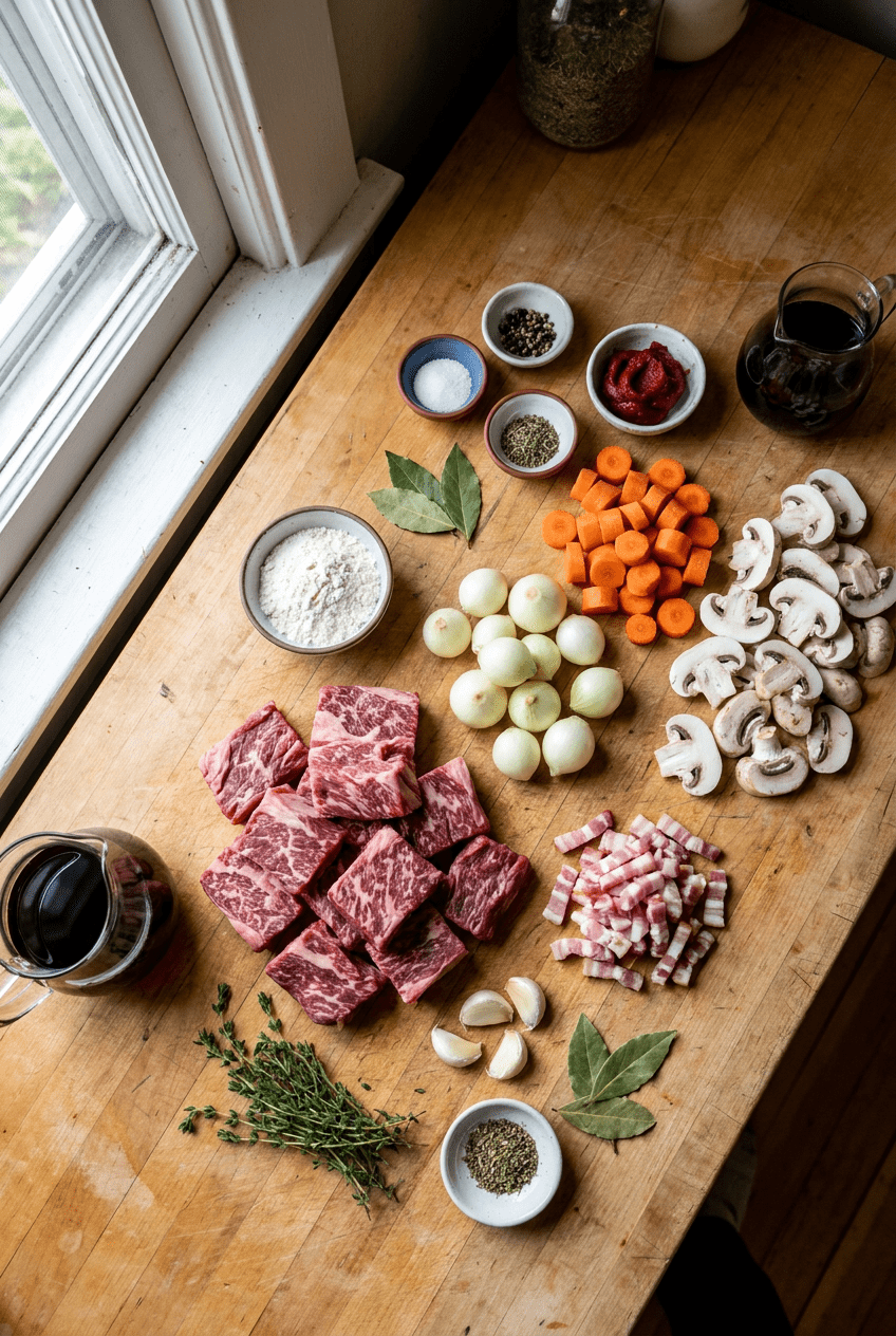 ingredients for Classic French Beef Bourguignon
