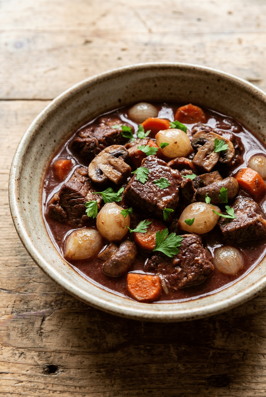 classic french beef bourguignon recipe - Classic French Beef Bourguignon served in a white bowl overhead view