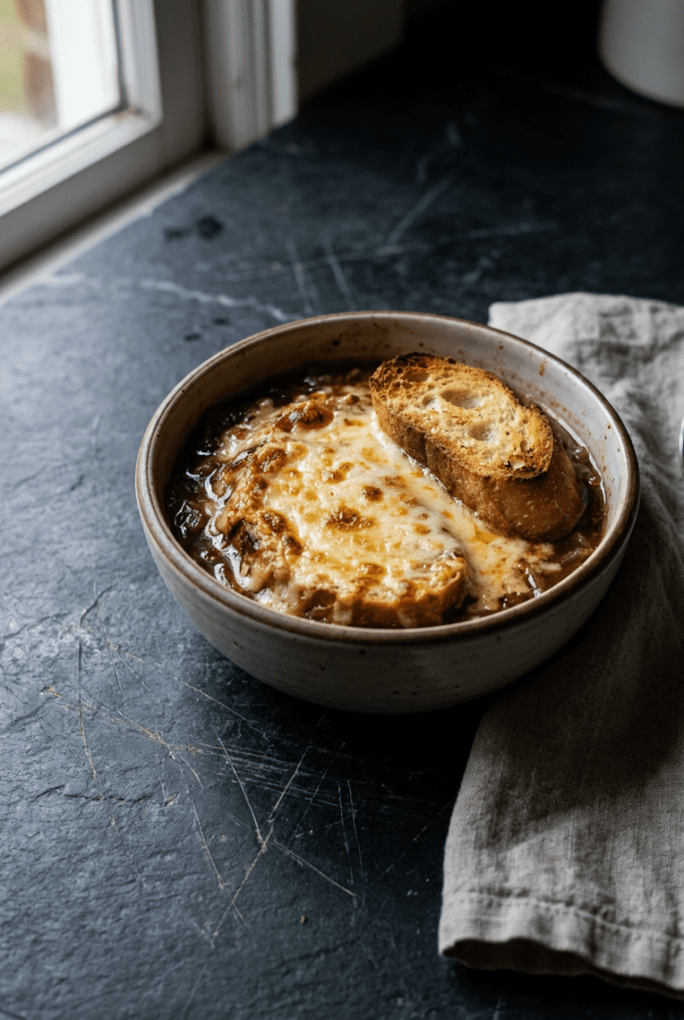 classic french onion soup recipe - Classic French Onion Soup served in a white bowl overhead view