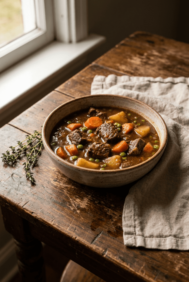 classic hearty beef stew recipe - Classic Hearty Beef Stew served in a white bowl overhead view