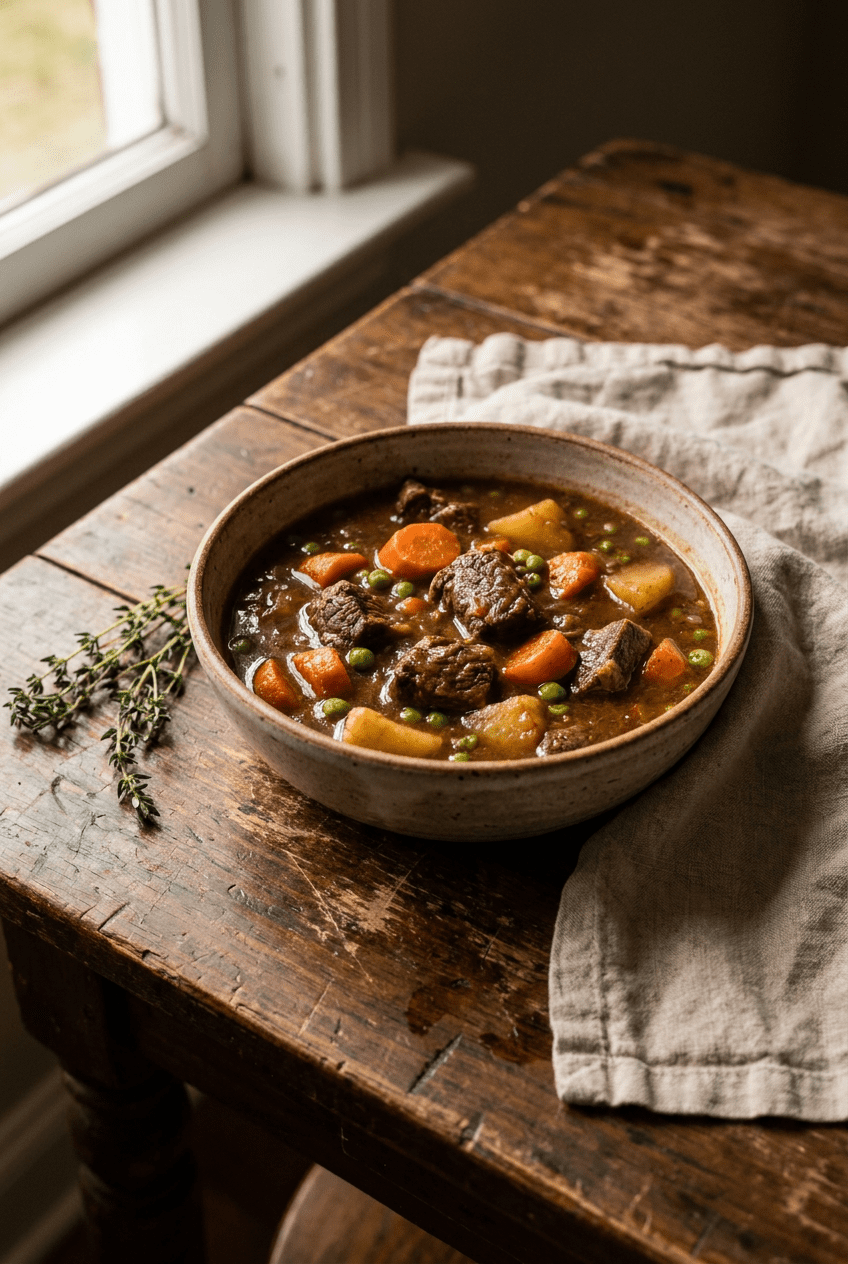 classic hearty beef stew recipe - Classic Hearty Beef Stew served in a white bowl overhead view