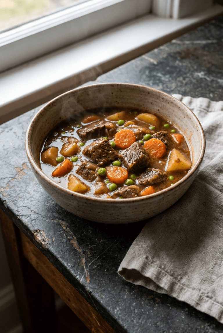 classic homestyle beef stew recipe - Classic Homestyle Beef Stew served in a white bowl overhead view