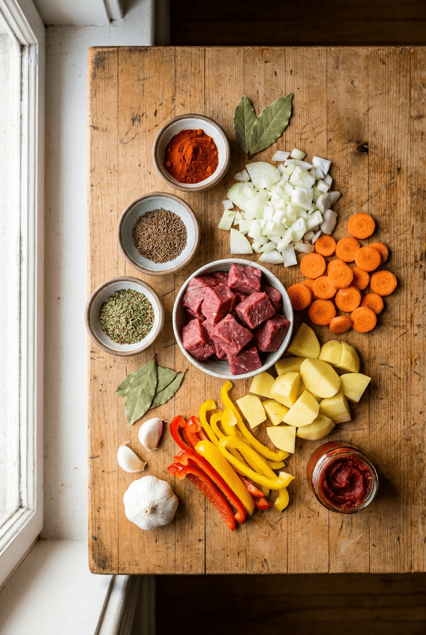 ingredients for Classic Hungarian Beef Goulash (Gulyás)
