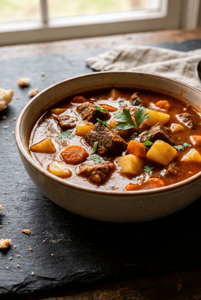 classic hungarian beef goulash (gulyás) recipe - Classic Hungarian Beef Goulash (Gulyás) served in a white bowl overhead view