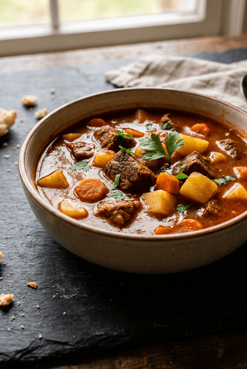 classic hungarian beef goulash (gulyás) recipe - Classic Hungarian Beef Goulash (Gulyás) served in a white bowl overhead view