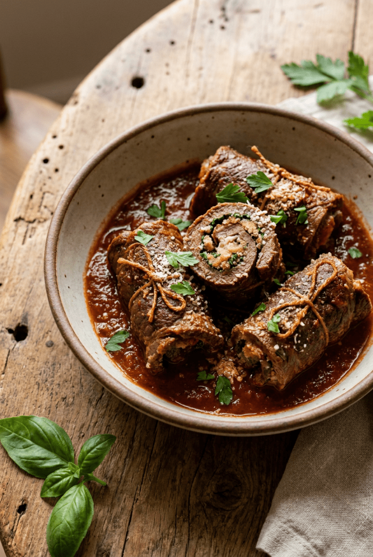 classic italian beef braciole in rich tomato sauce recipe - Classic Italian Beef Braciole in Rich Tomato Sauce served in a white bowl overhead view