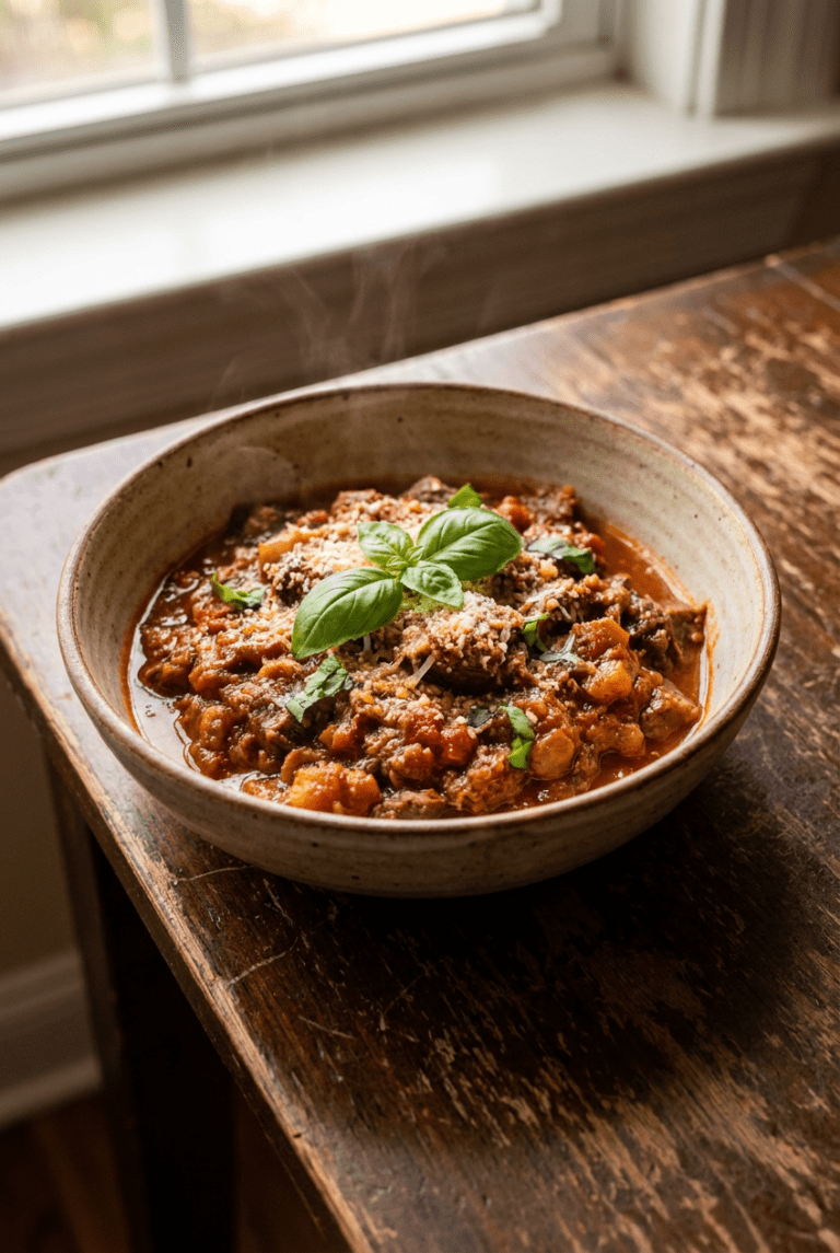 classic italian beef ragu recipe - Classic Italian Beef Ragu served in a white bowl overhead view