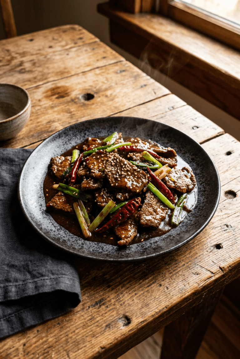 classic mongolian beef recipe - Classic Mongolian Beef served in a white bowl overhead view