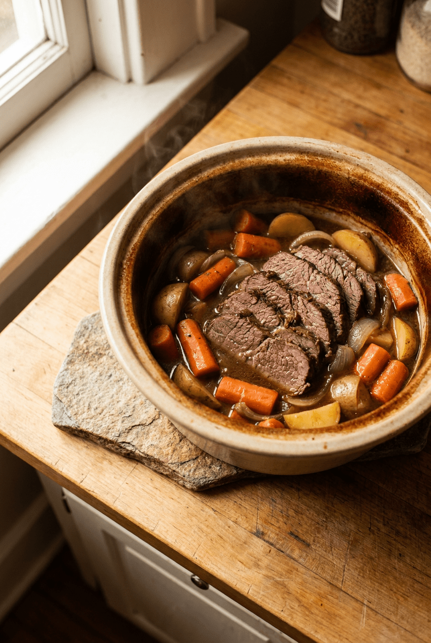 classic slow cooker roast beef with vegetables recipe - Classic Slow Cooker Roast Beef with Vegetables served in a white bowl overhead view