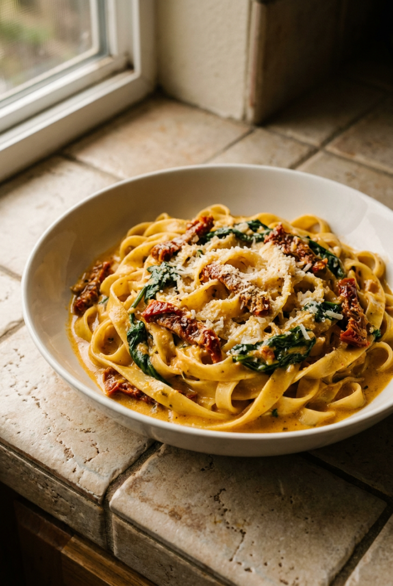 creamy tuscan garlic pasta recipe - Creamy Tuscan Garlic Pasta served in a white bowl overhead view