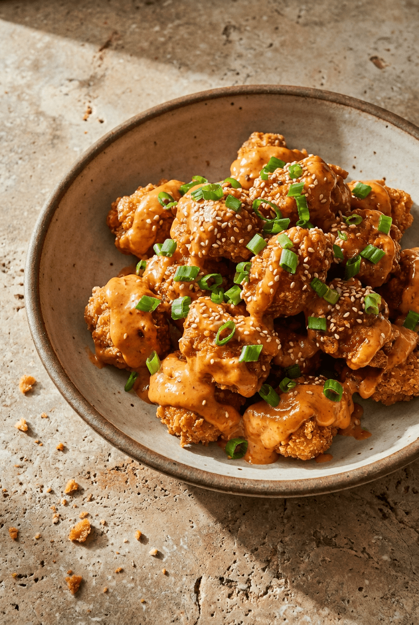 crispy bang bang chicken recipe - Crispy Bang Bang Chicken served in a white bowl overhead view