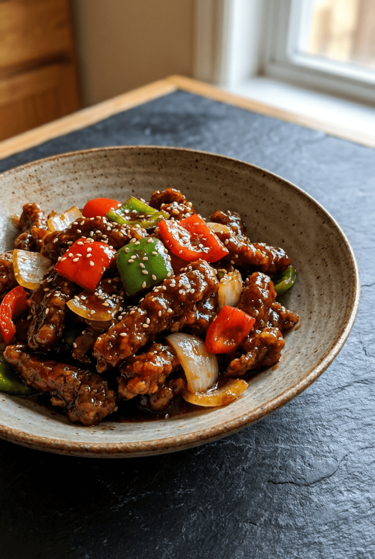 crispy beijing beef recipe - Crispy Beijing Beef served in a white bowl overhead view