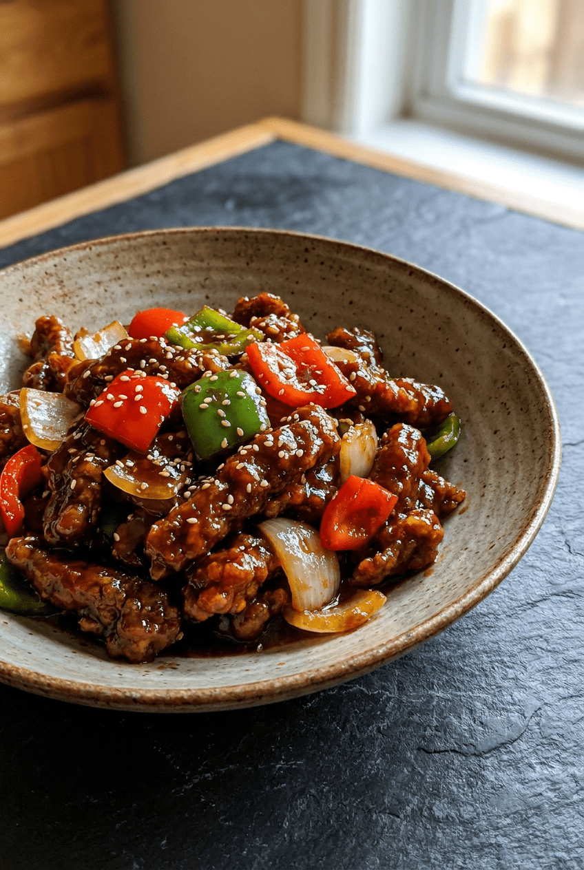 crispy beijing beef recipe - Crispy Beijing Beef served in a white bowl overhead view