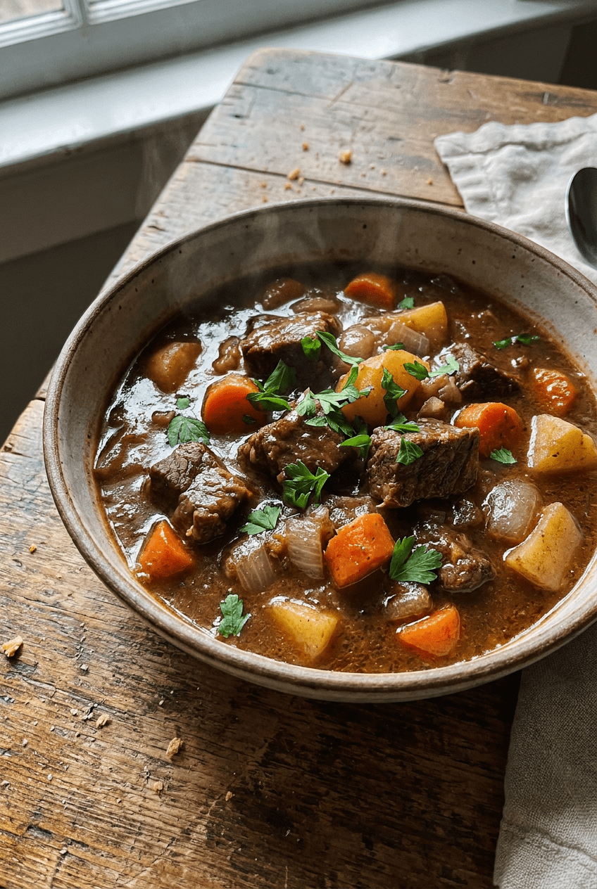 crockpot beef stew recipe - Crockpot Beef Stew served in a white bowl overhead view