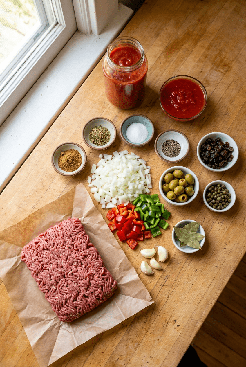 ingredients for Cuban-Style Beef Picadillo