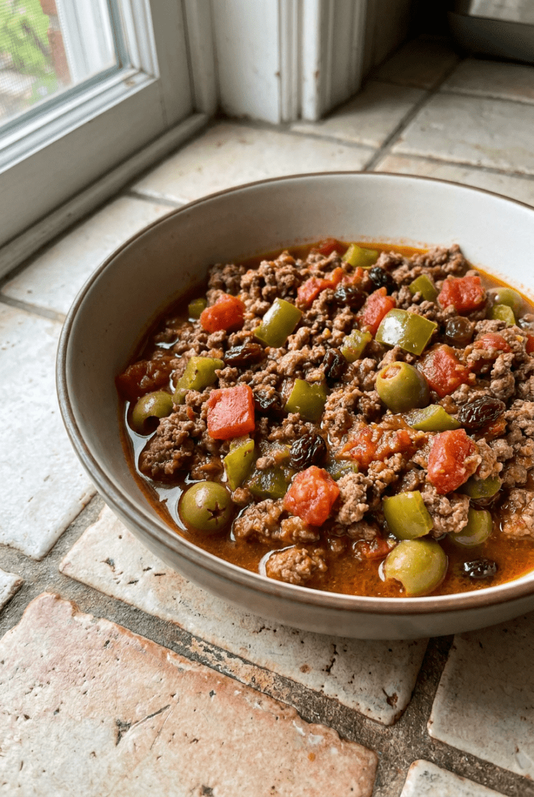 cuban-style beef picadillo recipe - Cuban-Style Beef Picadillo served in a white bowl overhead view