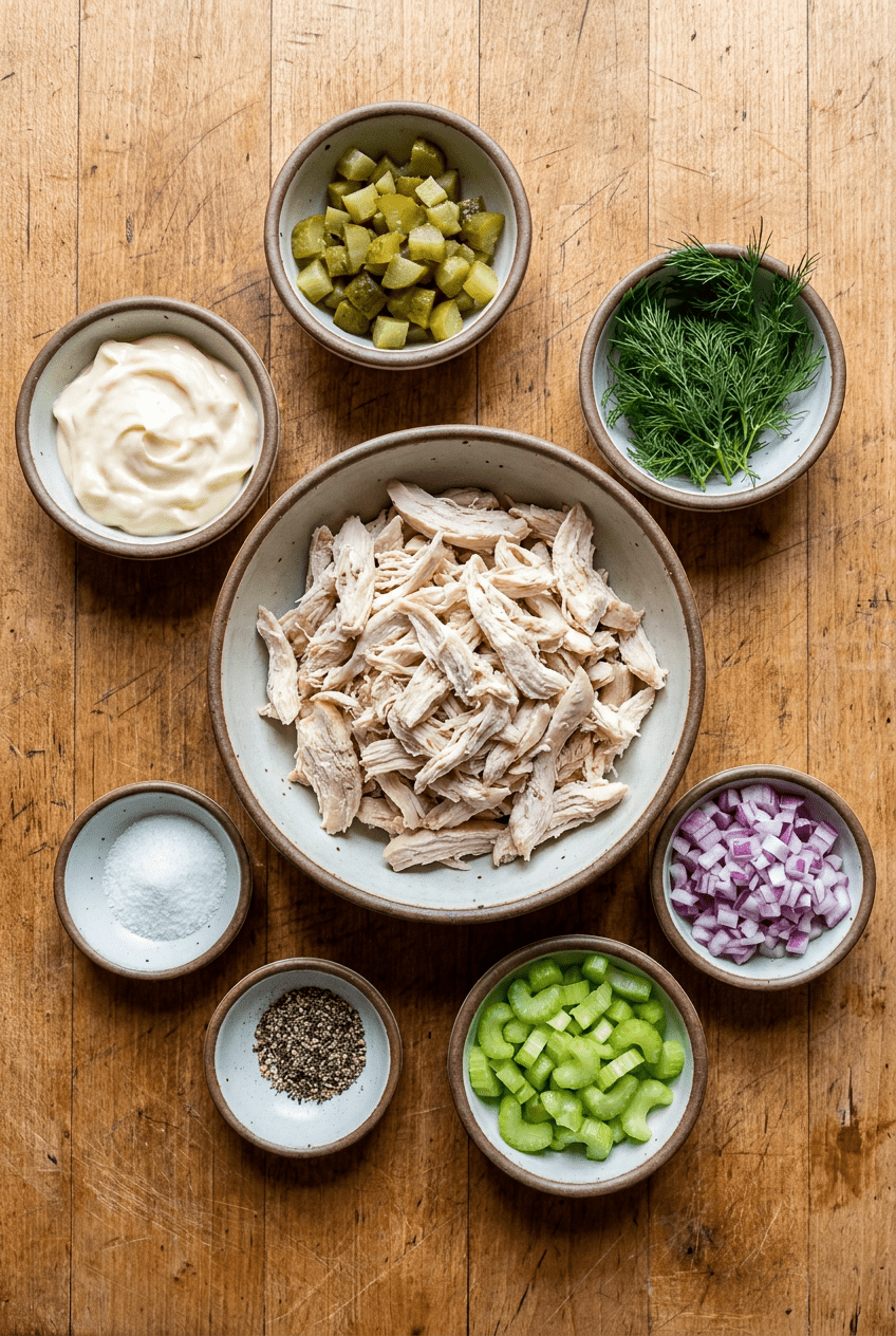 ingredients for Easy Dill Pickle Chicken Salad