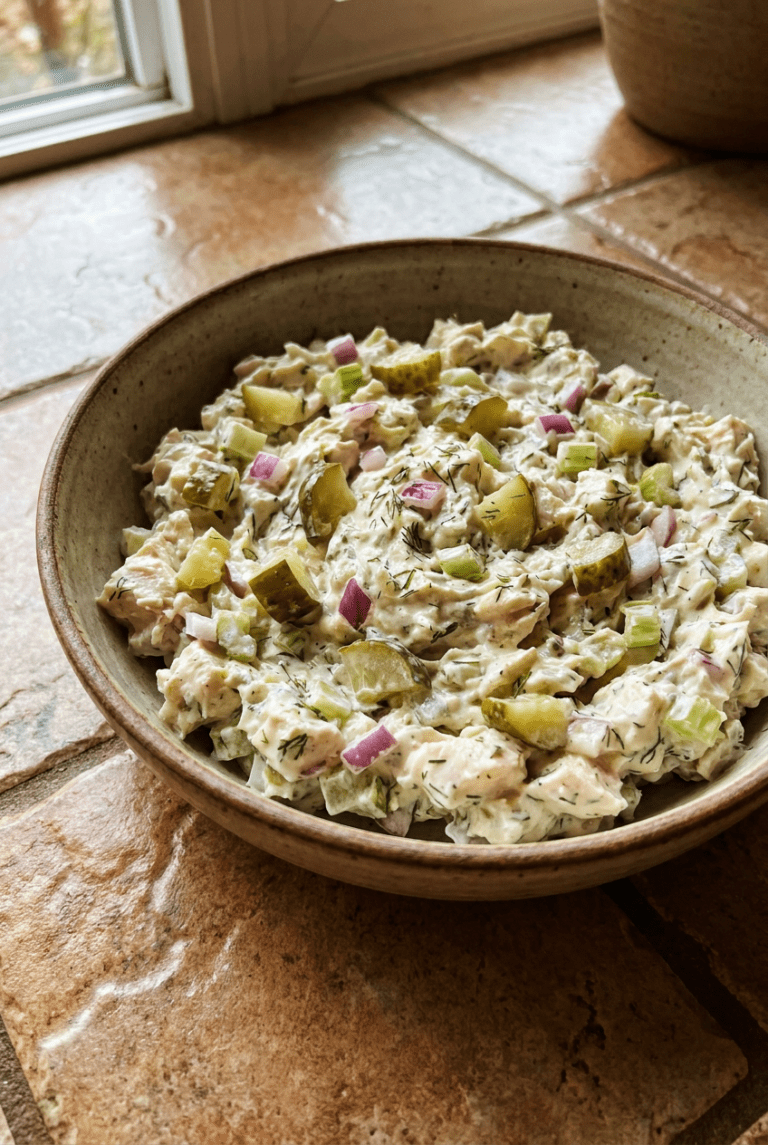 easy dill pickle chicken salad recipe - Easy Dill Pickle Chicken Salad served in a white bowl overhead view